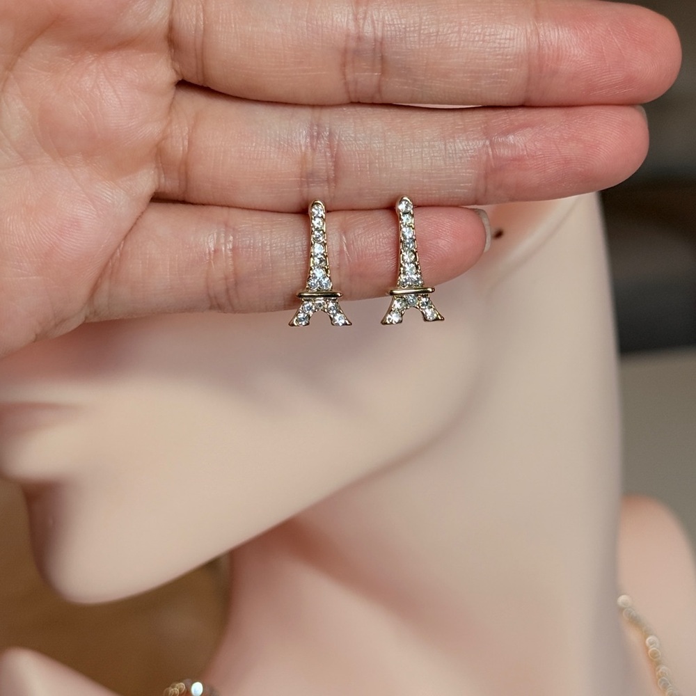 Minimalist Silver Eiffel Tower Earrings - Picture 10 of 11